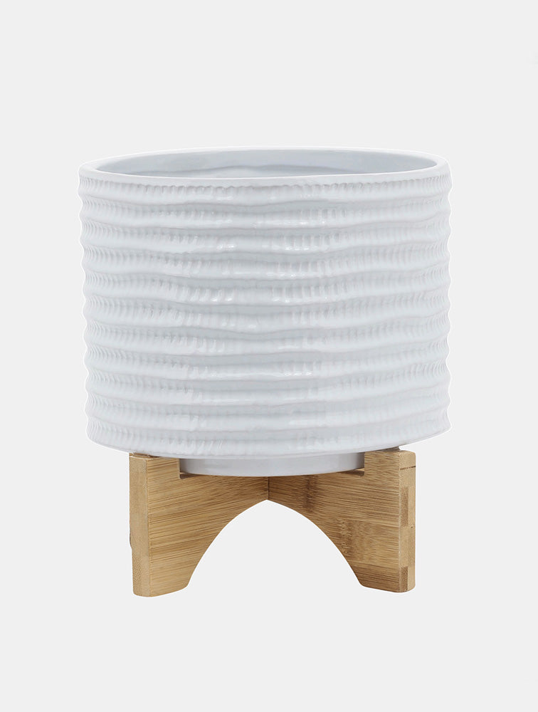 MACETERO BLANCO CON PARANTE DE MADERA X7651