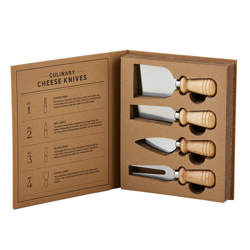 SET DE 4 CUBIERTOS DE METAL MANGO MADERA PARA QUESO EN  CAJA X8311