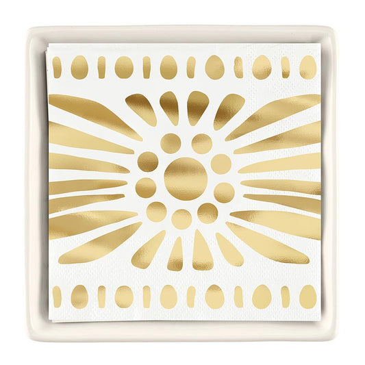 SERVILLETERO CERAMICO BEIGE CON PQTE SERVILLETAS GOLD X8320