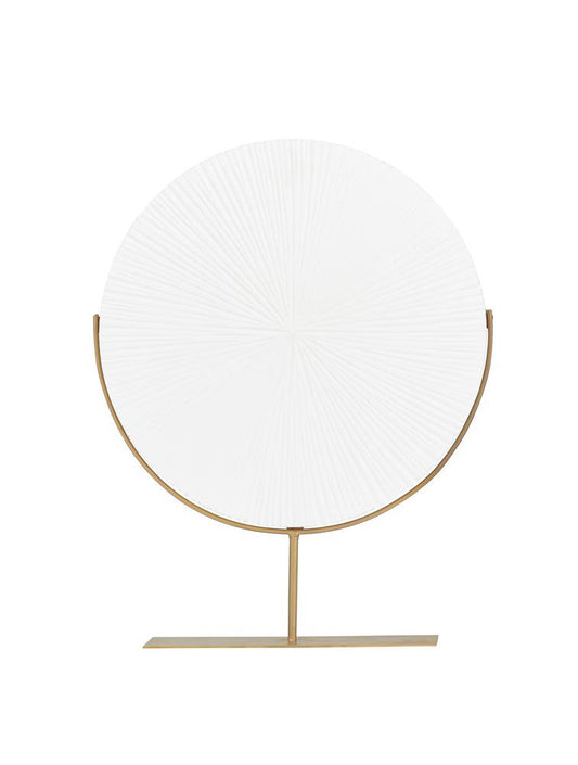 ESCULTURA DE MADERA BLANCA REDONDA CON BASE METAL X6805