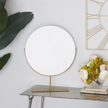 ESCULTURA DE MADERA BLANCA REDONDA CON BASE METAL X6805