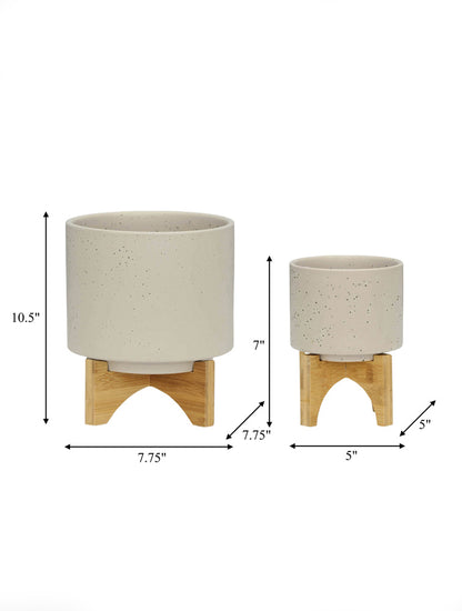 MACETAS BEIGE MATE S/2 CON PARANTE DE MADERA 5" X8024C