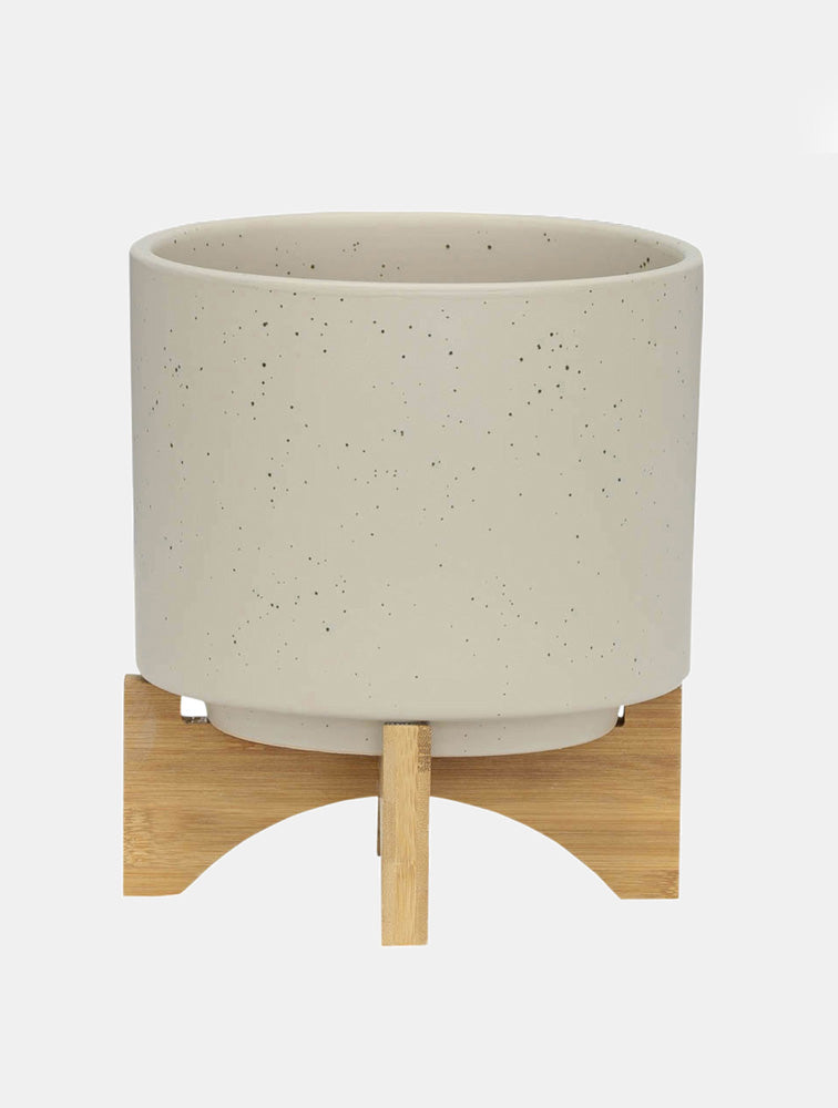 MACETA BEIGE MATE CON PARANTE DE MADERA 8" X8024G
