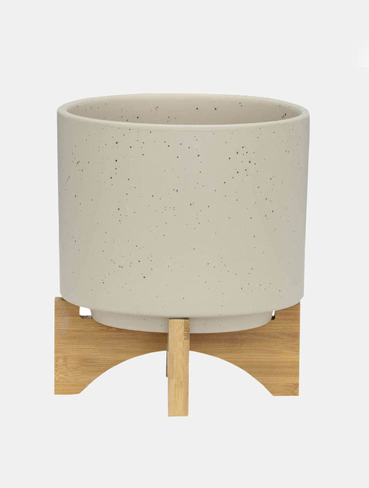 MACETA BEIGE MATE CON PARANTE DE MADERA 8" X8024G