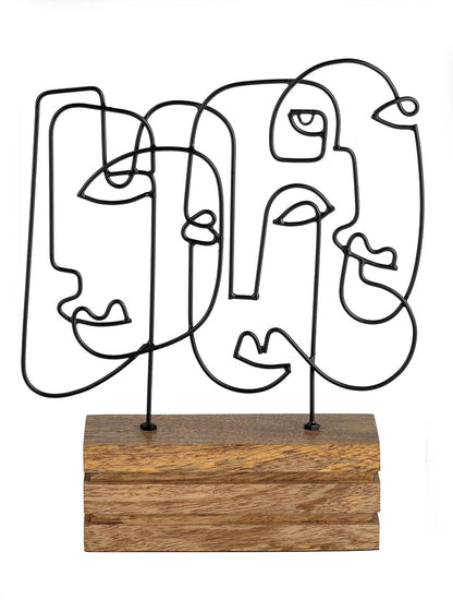 ESCULTURA METAL FACES CON BASE DE MADERA 13" X8043
