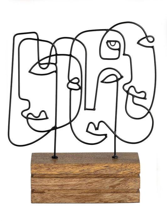 ESCULTURA METAL FACES CON BASE DE MADERA 13" X8043