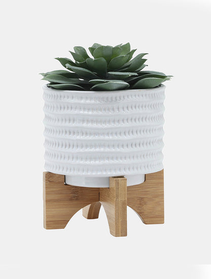 MACETA BLANCA TEXTURADA CON BASE DE MADERA 5" X8045